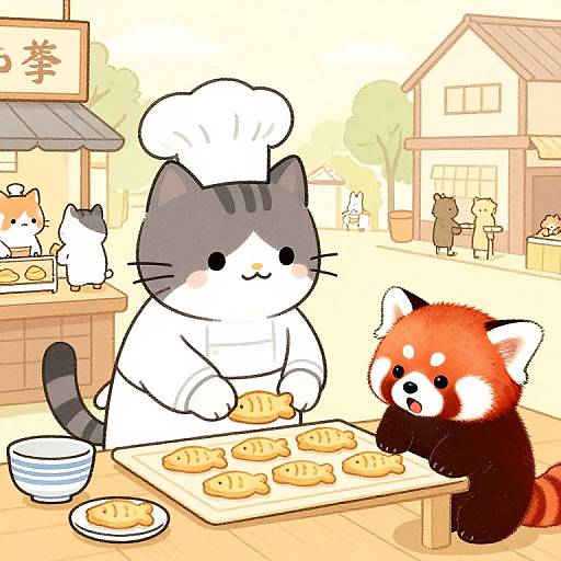 Anthropomorphic Cat Baker in Town