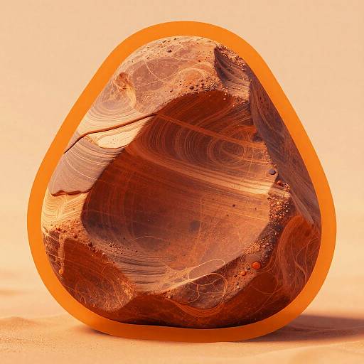 Abstract digital artwork: A translucent, amber-hued, egg-shaped object with swirling, marbled patterns and orange border, set against a warm, gradient