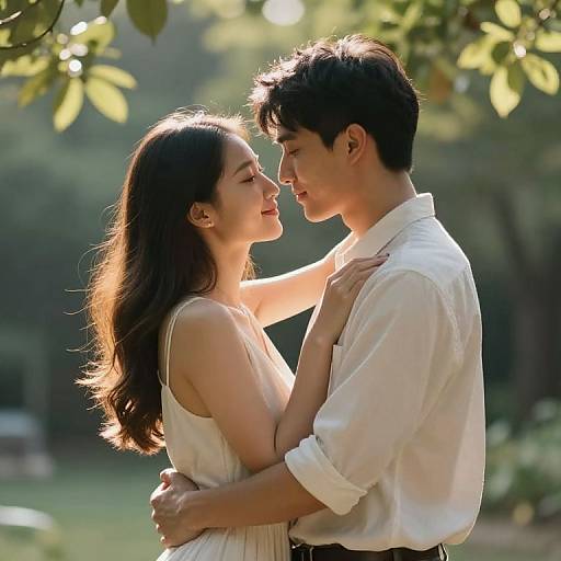 Photograph of a young couple embracing outdoors, sunlight filtering through leaves, woman in white dress, man in white shirt, gentle smiles, intimate gaze.
