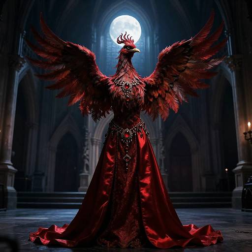 Moonlit Phoenix in Crimson Silk Gown