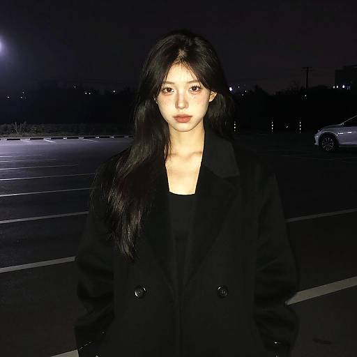 Photograph of an East Asian woman with long black hair, wearing a black coat, standing in a dark, nighttime parking lot. Bright light highlights her