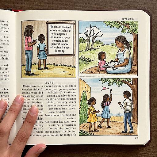 Photograph of a colorful children's book page showing three illustrations of a mother and daughter interacting outdoors, with text and a hand holding the page.