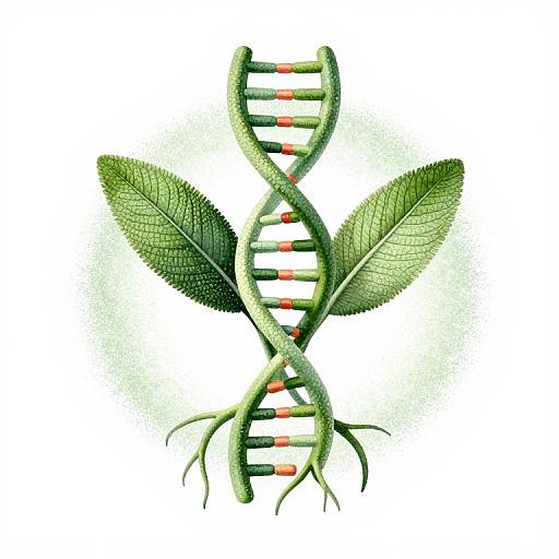 Digital illustration of a green DNA double helix with two detailed green leaves and roots, featuring red and white nucleotides.