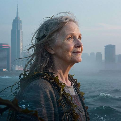 Photograph of an elderly woman with long, wind-swept gray hair, wearing seaweed-adorned clothing, looking at a misty city