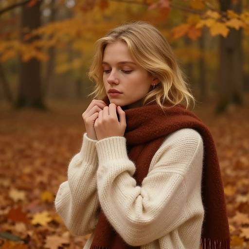 Photograph of a blonde woman in a white knit sweater and brown scarf, standing in an autumn forest with fallen leaves. She gazes downward with a