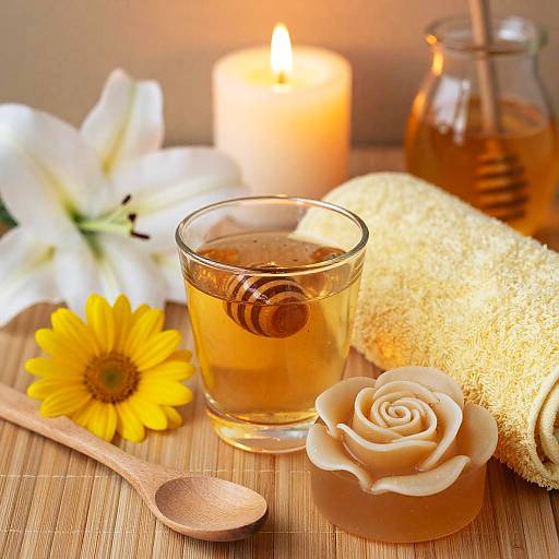 Photograph of a soothing spa setup with honey-infused water, lit candle, white lilies, yellow sunflower, rose soap, wooden spoon,