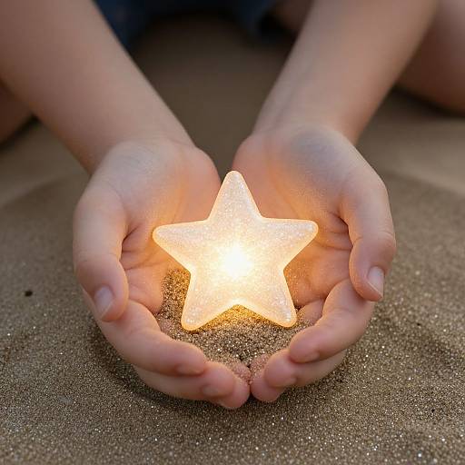Photograph of a child's hands gently cupping a glowing, translucent star-shaped lantern on sandy beach, illuminating the surrounding grains.