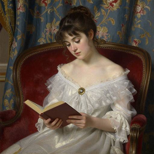 Young woman with fair skin and brown hair, wearing an off-shoulder white lace dress, reads a book in a red velvet chair against floral blue