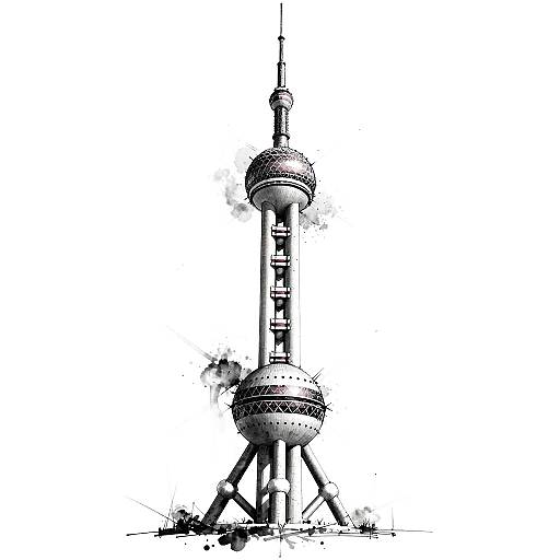 Dynamic Black-and-White Oriental Pearl Sketch