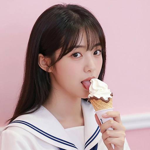 Asian Woman Eating Chocolate-Dipped Ice Cream Cone