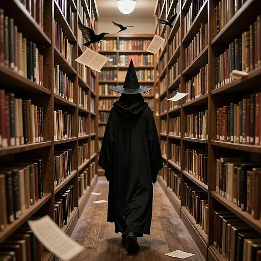 Photograph of a mysterious figure in a black cloak and wide-brimmed hat, walking down a narrow, dimly lit library aisle with flying books
