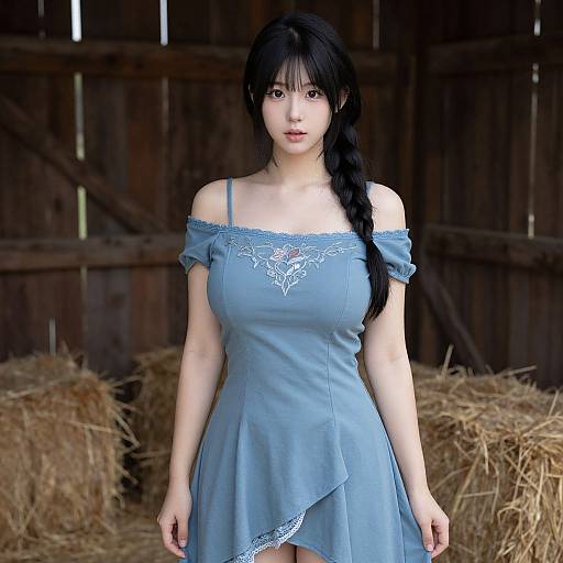 Digital artwork of an Asian woman with long black hair in a braid, wearing a blue off-shoulder dress, standing in a wooden barn with