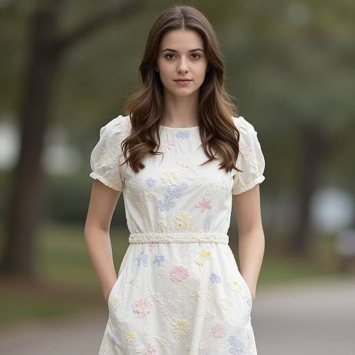 Photograph of a young woman with long brown hair, wearing a white, short-sleeved floral dress, standing in a park.