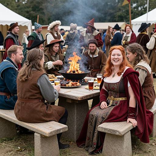 Photograph of medieval-themed outdoor gathering, red-haired woman in Renaissance dress smiling, sitting with others around a roaring campfire, benches, white tents in