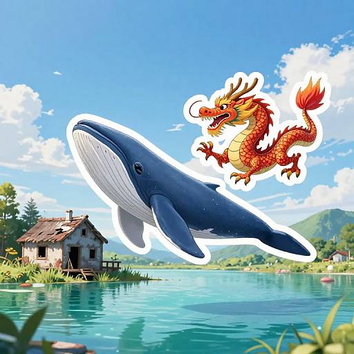 Digital art of a blue whale and red dragon flying above a serene, blue lake with a rustic hut and green hills.