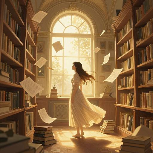Digitally painted scene of a long-haired woman in a flowing white dress, standing in a sunlit, arch-windowed library with floating papers and stacked