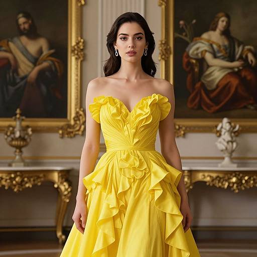 Photograph of a beautiful woman with long dark hair in an off-shoulder, ruffled yellow dress, standing in an ornate room with classical