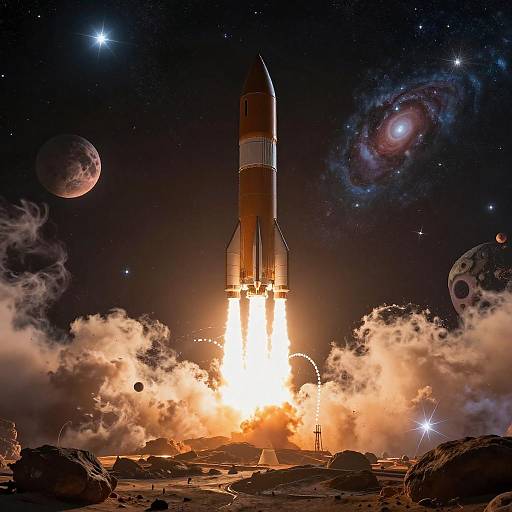 Alien Rocket Launch Amid Star Clusters