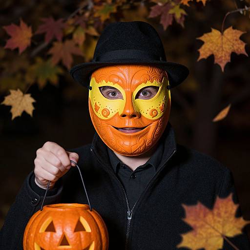 Photograph of a person in a black hat and jacket, wearing an orange, pumpkin-themed mask with yellow eyes, holding a carved pumpkin bucket against a