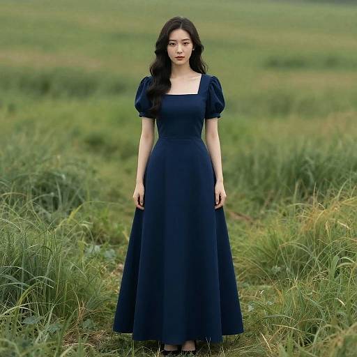 Photograph of an East Asian woman with long black hair, wearing a dark blue, puffed-sleeve, square-neck dress, standing in a