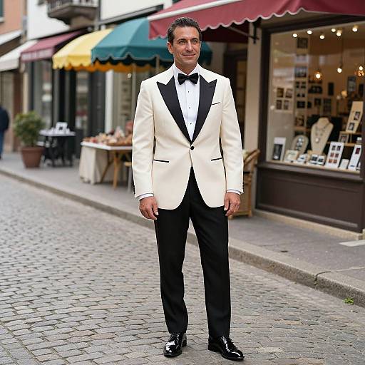 Photograph of a smiling man in a white tuxedo with black lapels and bow tie, standing on a cobblestone street in front of