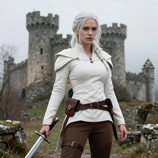 Woman in White Tunic Holding Sword by Castle