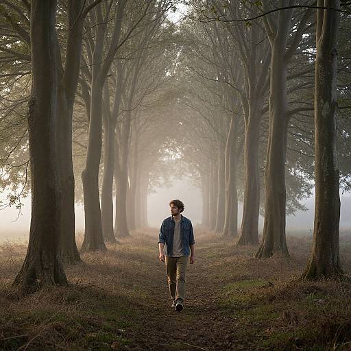 European Man Walking in Misty Forest
