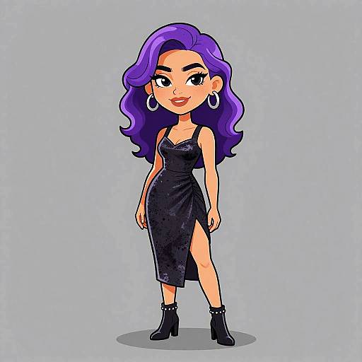 Cartoon-style digital drawing of a confident woman with purple wavy hair, wearing a black dress with a thigh-high slit, black ankle boots, and