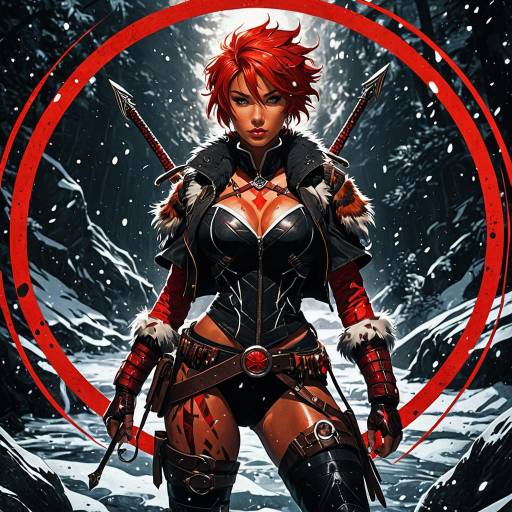 Fiery Red-Haired Huntress in Snowy Wilderness