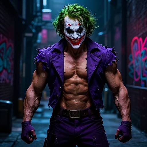 Photorealistic digital art of a muscular, shirtless Joker with green hair, white face paint, and red smile, standing in a dark, graffiti