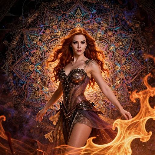 Digitally rendered image of a fiery redhead woman with long wavy hair, wearing a sparkling black and gold dress, standing in front of a vibrant,