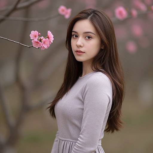 Photograph of a young Asian woman with long dark hair, wearing a light gray ribbed dress, standing beside a blooming cherry blossom branch, with