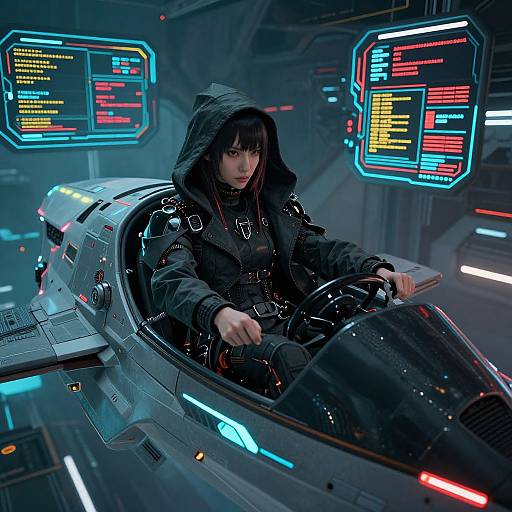 Digital artwork: Dark-haired woman in black hooded jacket, futuristic cockpit, glowing neon panels, sci-fi setting, intense expression, sleek spacecraft.