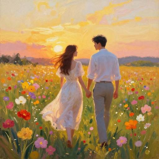 Digital painting of a couple holding hands, back view, walking through a vibrant, colorful flower field at sunset. Man in white shirt and pants, woman