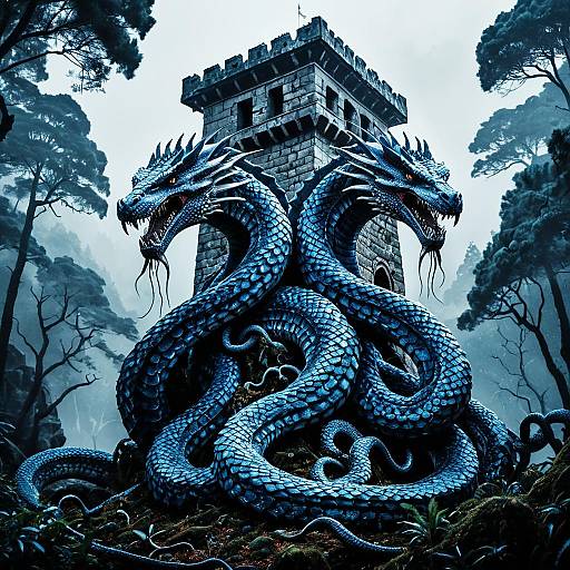 Epic Hydra Wrapping Ancient Tower Illustration