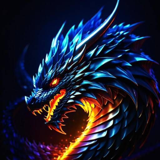 Fierce glowing dragon head with metallic scales