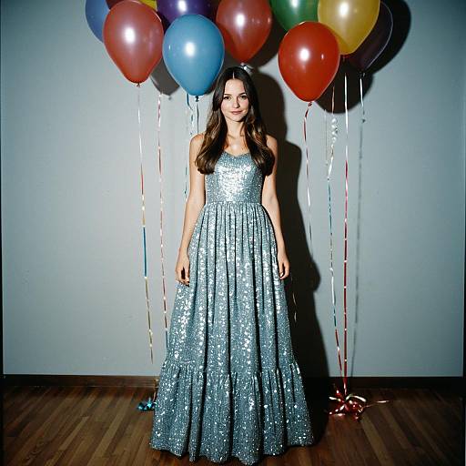 Photograph of a smiling woman with long brown hair wearing a sparkling silver floor-length dress, standing against a gray wall with colorful balloons and ribbons behind
