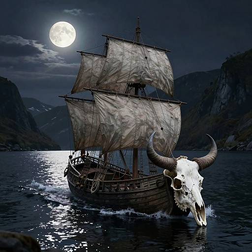 Ghostly Viking Ship Under Moonlight