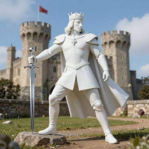 White King Arthur Statue with Excalibur at Camelot Castle