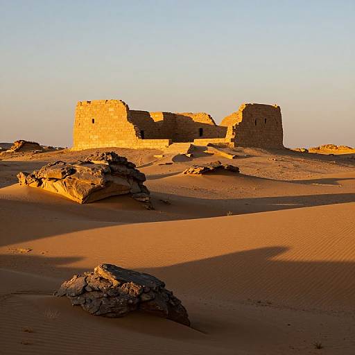 Photograph of a sunlit, ancient, sandstone fortress with crumbling walls in a desert landscape, casting long shadows on the rippled sand.