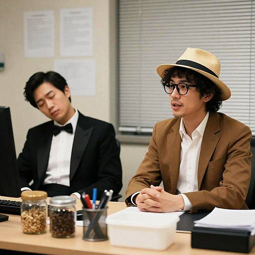 Two men in office, one speaking, one sleeping