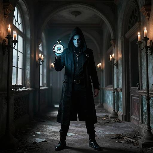 Gothic Steampunk Compass in Abandoned Corridor