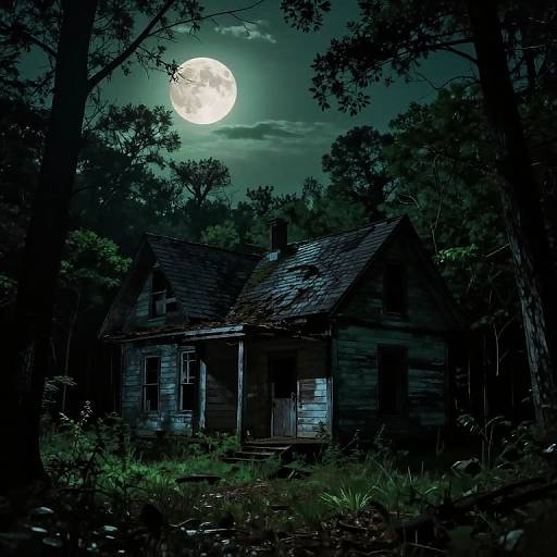 Mysterious, abandoned wooden house in dark forest illuminated by full moon, surrounded by tall trees and dense foliage. Digital art.
