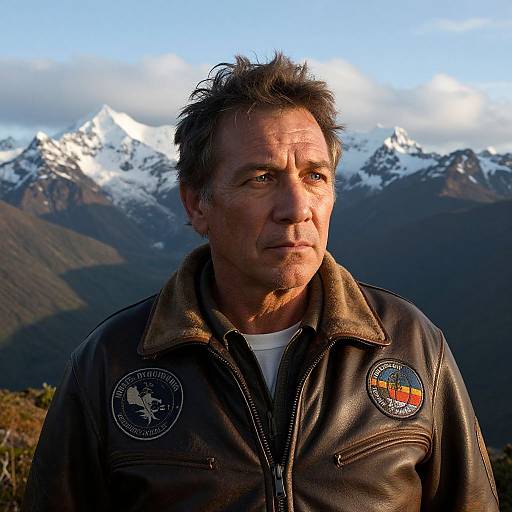 Photograph of a middle-aged man with short, dark hair, wearing a brown leather jacket with patches, standing in front of snow-capped mountains at