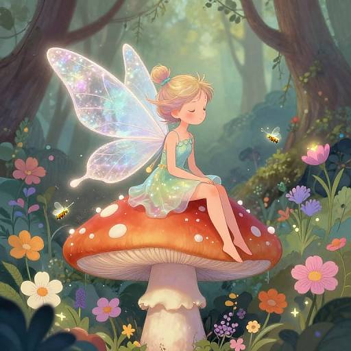 Whimsical fairy with glowing wings sits on a red-spotted mushroom in a magical forest, surrounded by colorful flowers and buzzing bees. Digital anime-style