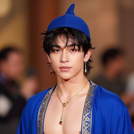 Photograph of a young Asian man with black hair, wearing a blue cap, open royal blue robe with gold embroidery, gold necklace, and red earrings