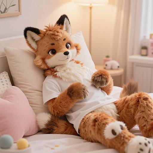 Photograph of a cute, fluffy, anthropomorphic fox in a white shirt, lounging on a bed with pink pillows, in a brightly lit,