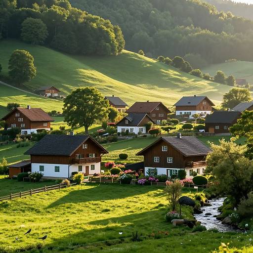 Photograph of idyllic, sunlit Alpine village with wooden chalets, lush green hills, flowering gardens, and a small stream winding through.