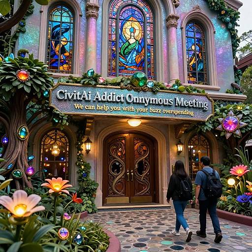 Photograph of a vibrant, stained-glass window-adorned entrance to 