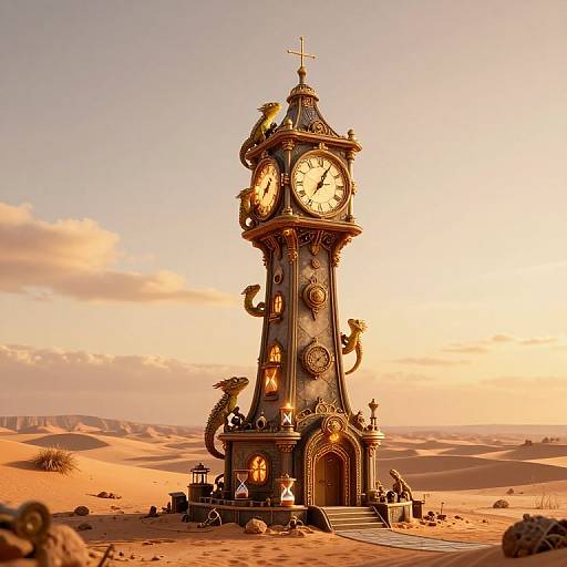 Photorealistic CGI of a whimsical, ornate clock tower adorned with dragons and mythical creatures in a golden desert landscape at sunset.